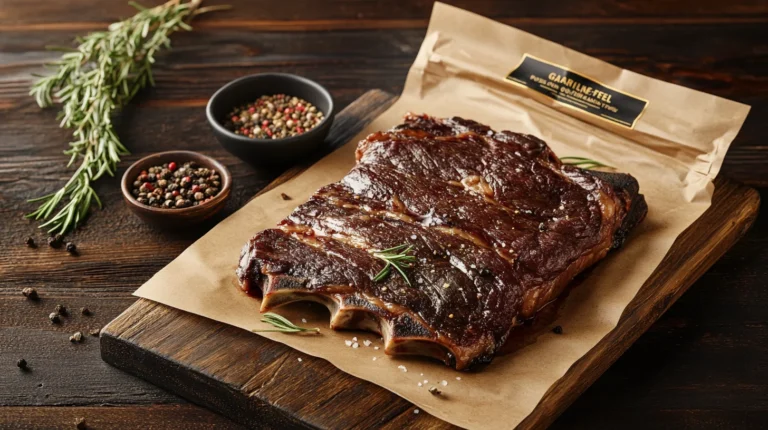 A packaged sirloin steak with an informative meat label, including weight and cut.