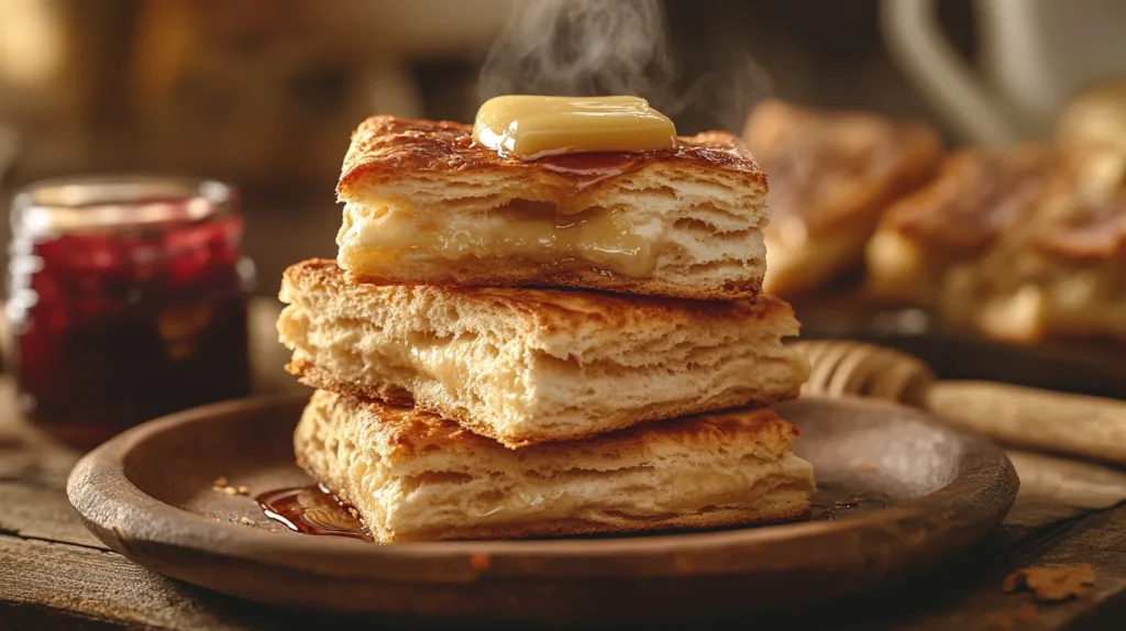 Stack of flaky mile-high biscuits with golden tops, illustrating the perfect biscuit-making technique for a light, airy texture.