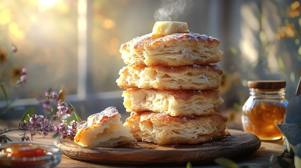 Freshly baked mile-high biscuits with a flaky, golden crust, perfect for breakfast or a special treat.