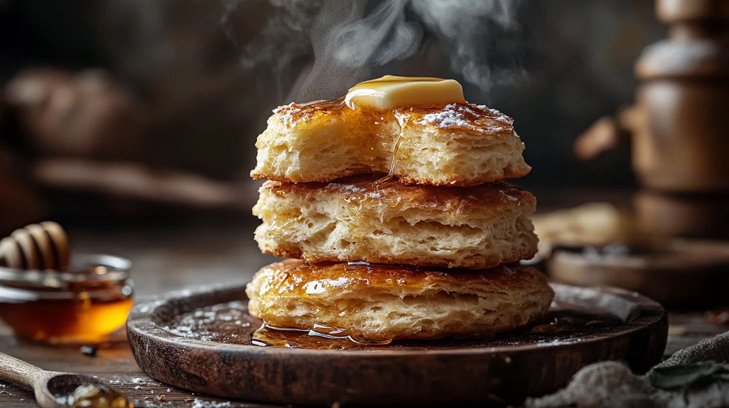 Golden, flaky mile-high biscuits freshly baked, showcasing the perfect texture and height achieved in biscuit-making.