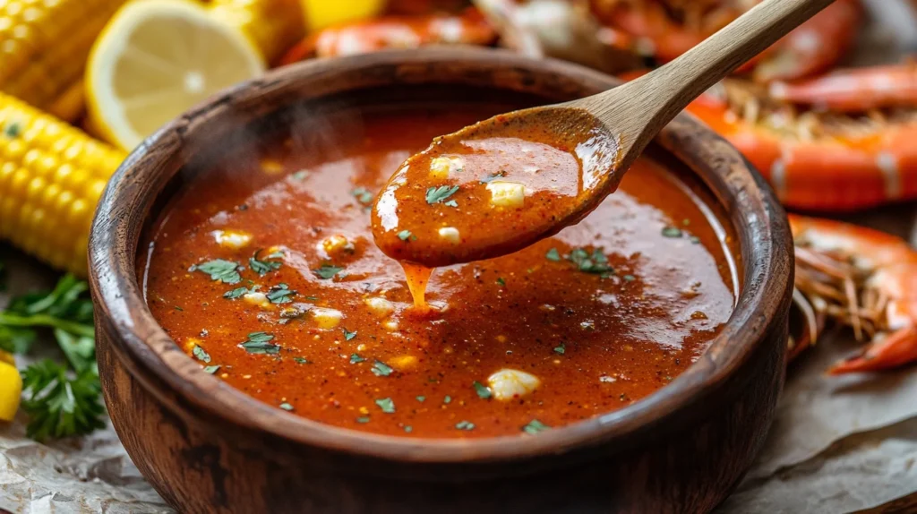 Spicy and savory seafood boil sauce served over shrimp, crab, and crawfish, demonstrating expert sauce techniques.