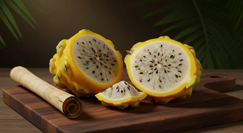 A halved yellow dragon fruit with vibrant flesh and tiny black seeds, surrounded by tropical greenery.