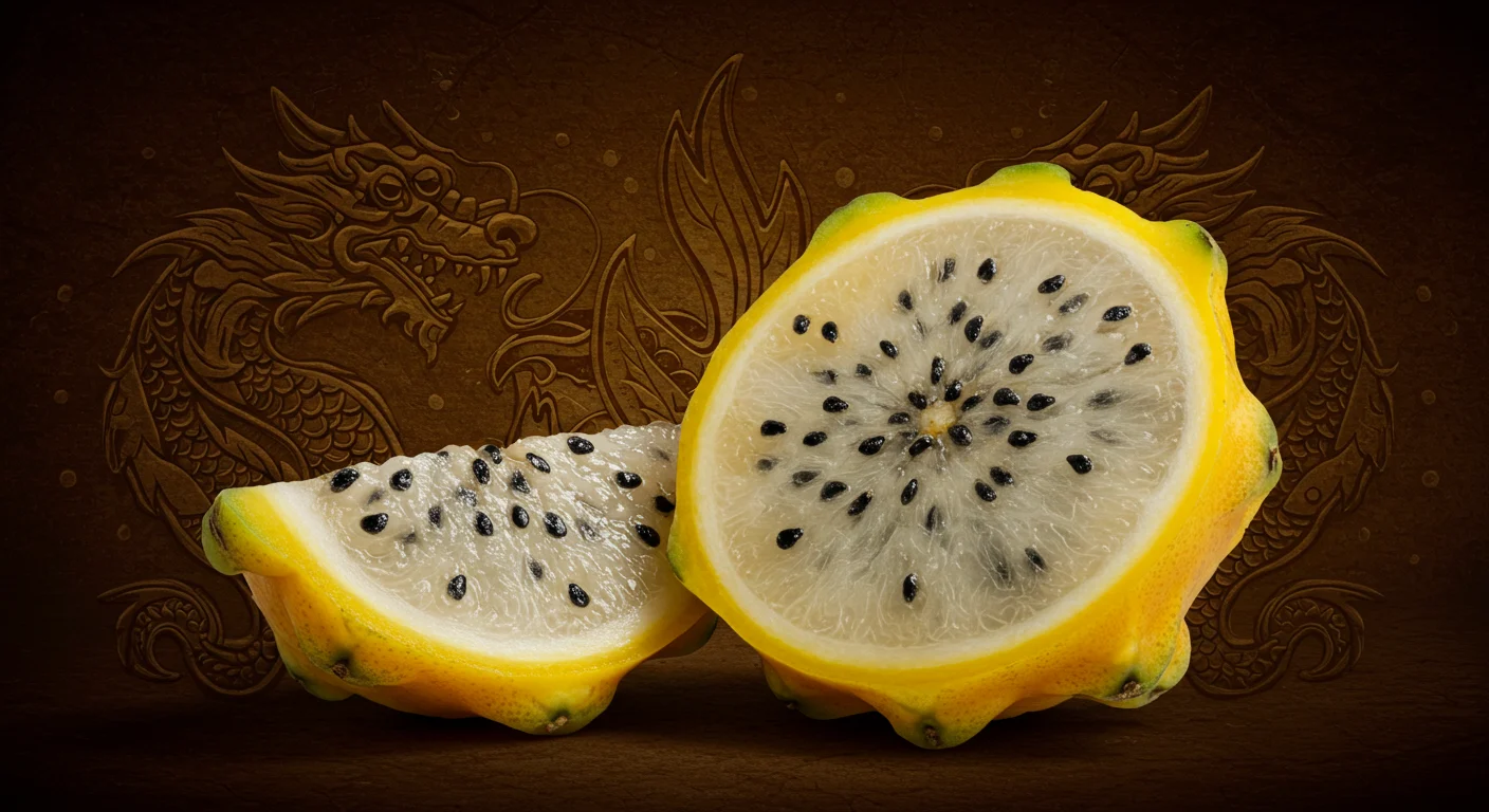 A close-up of yellow dragon fruit, showcasing its vibrant golden skin and contrasting white flesh dotted with black seeds.