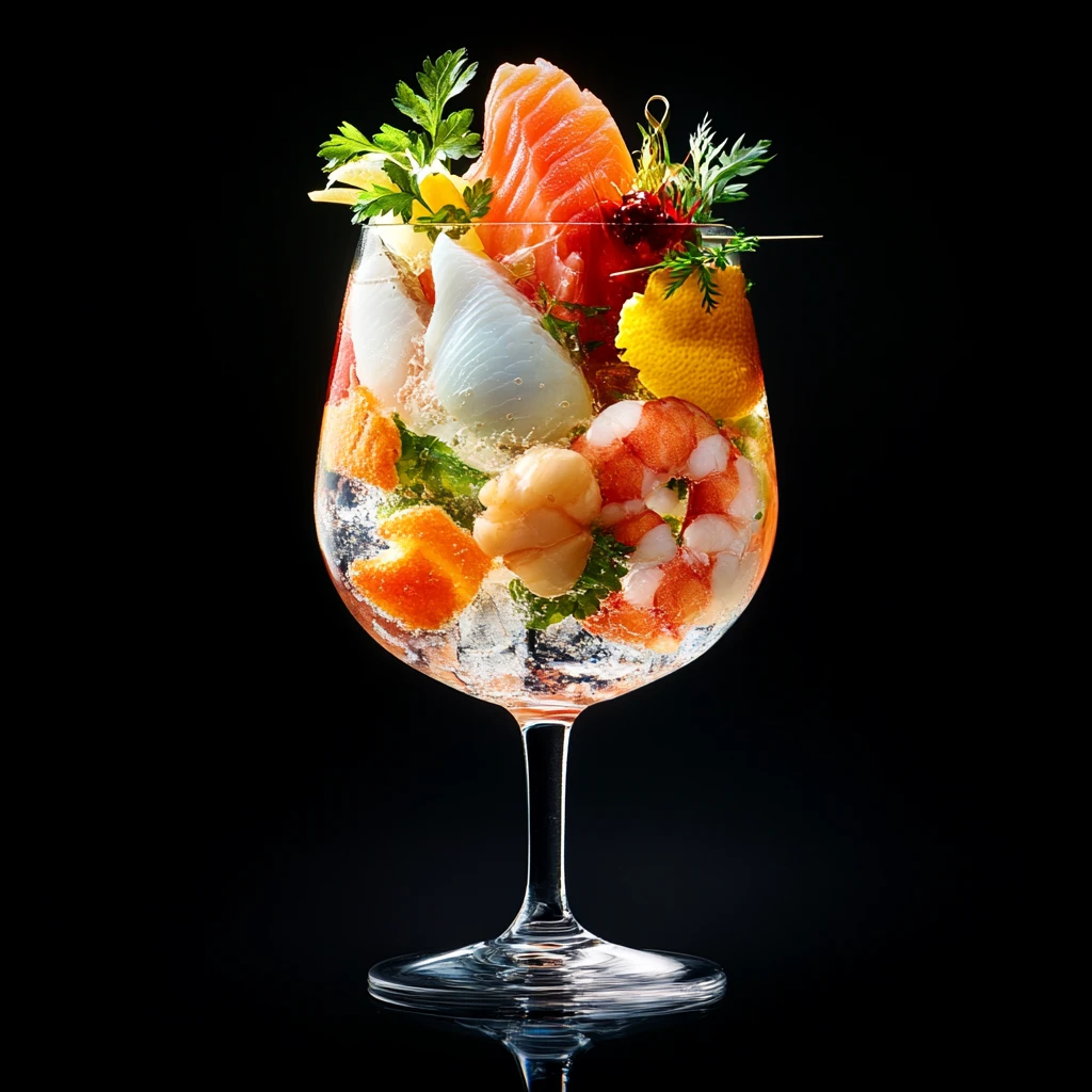 Close-up of a Fish Cocktail with Seafood, Lemon, and Fresh Garnish in a Glass