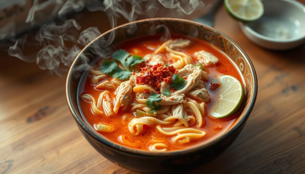 Close-up of spicy chicken noodle soup with vegetables and herbs