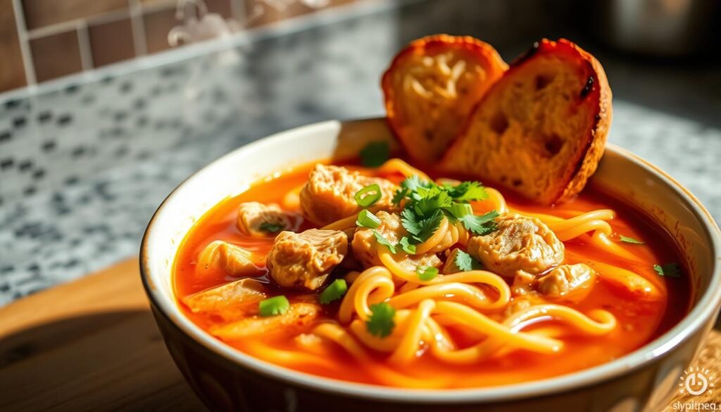 Bowl of spicy chicken noodle soup with noodles, chicken, and herbs