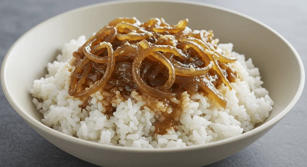 Rice Bowl with French Onion Soup Served in a Rustic Dish