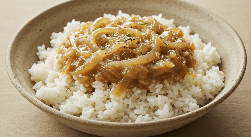 Steamy Rice Dish with French Onion Soup and Cheese Topping
