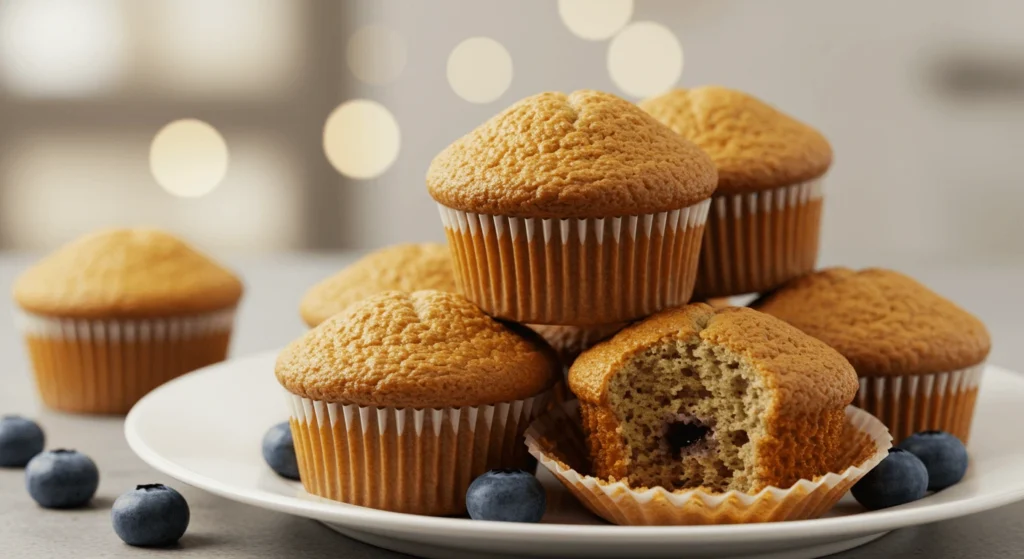 Assorted Moist Muffins Displayed on a Wooden Tray