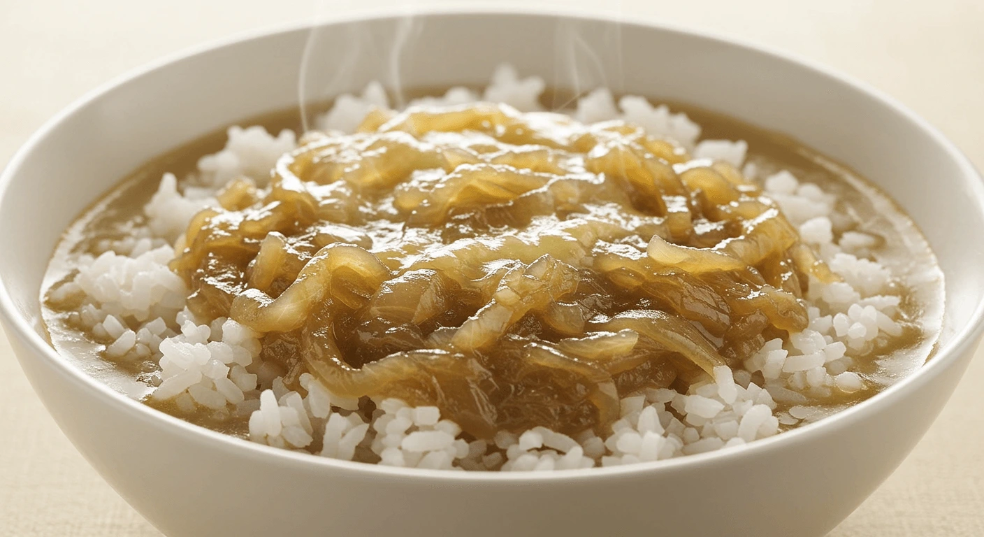 Plate of Rice with French Onion Soup and Caramelized Onions