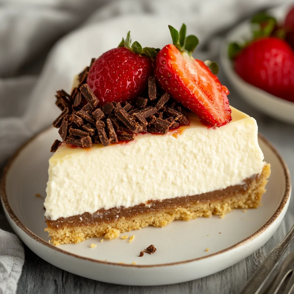 Close-up of creamy Keebler cheesecake topped with fresh fruit