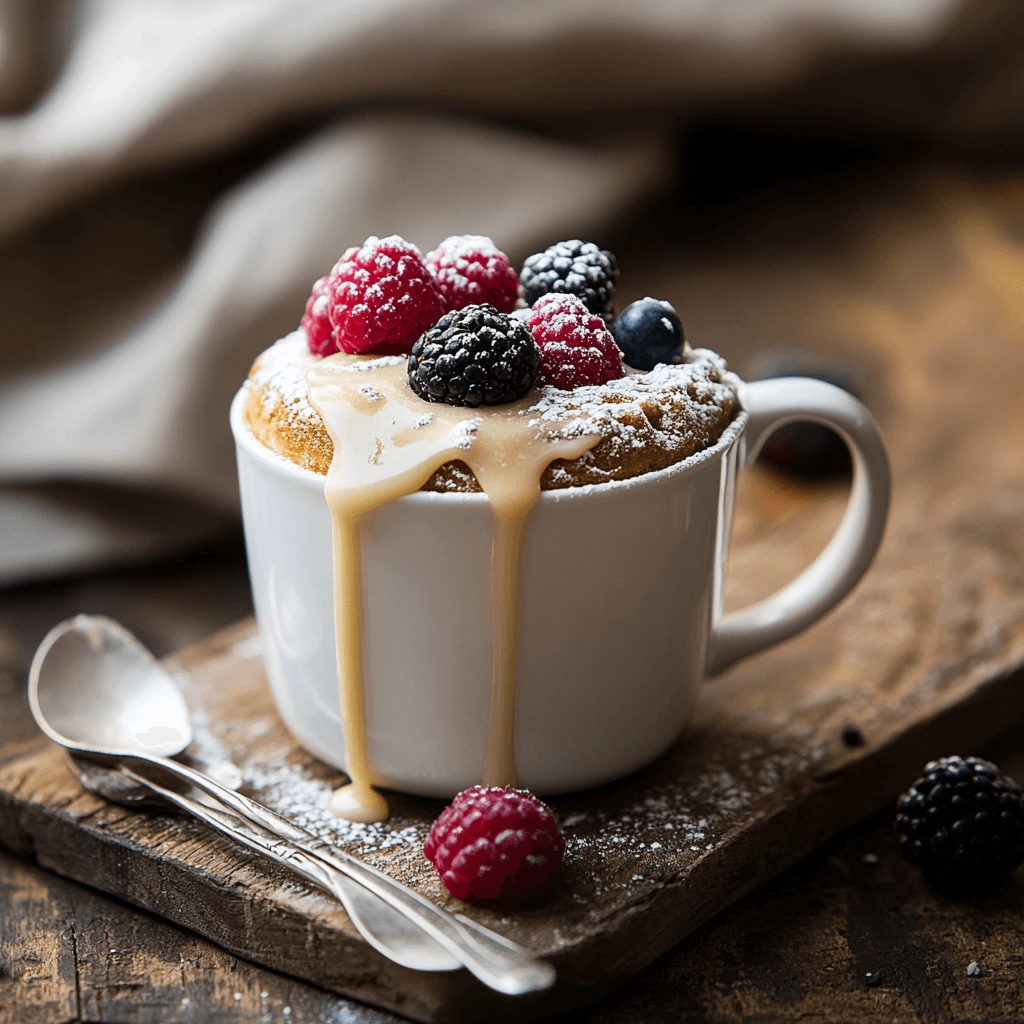 Close-up of a Mug Cake Being Rescued with a Vanilla Glaze Drizzle