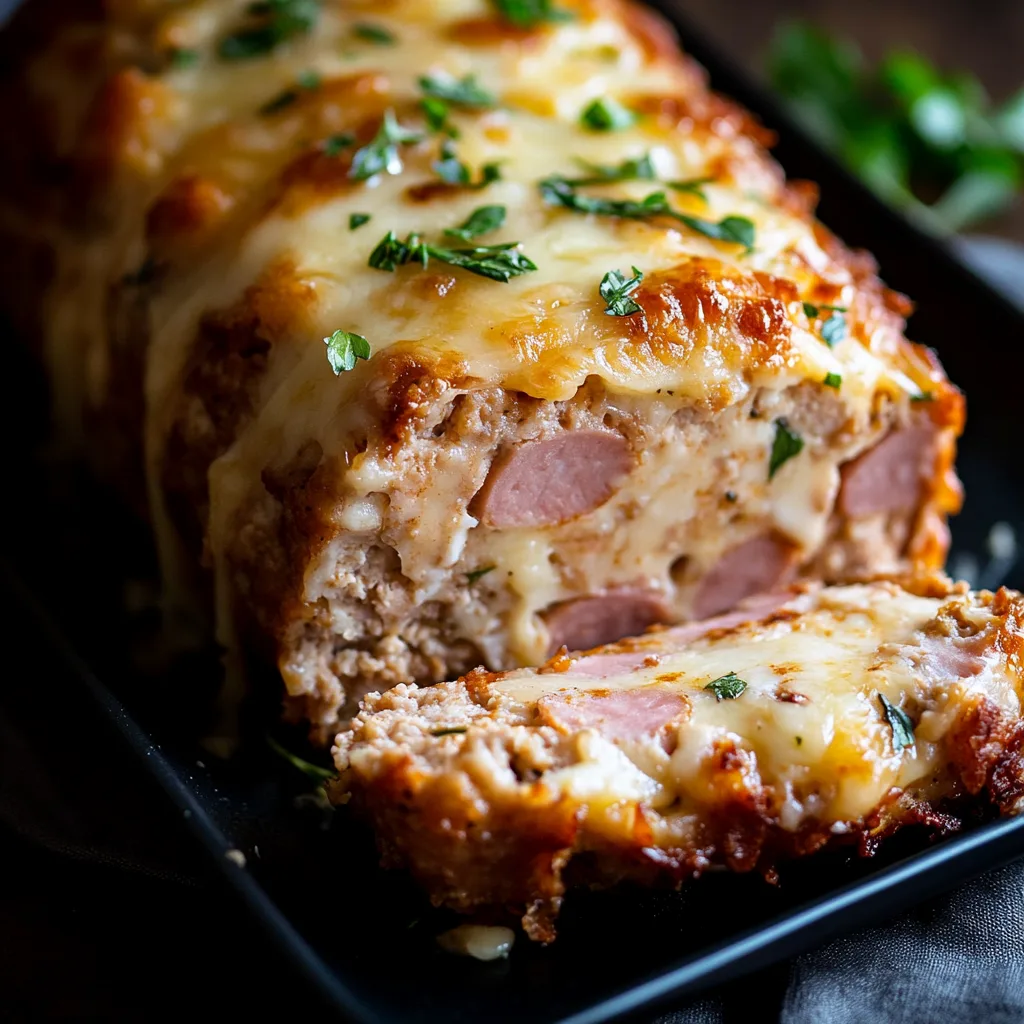 Delicious Chicken Cordon Bleu Meatloaf sliced to show ham and melted cheese layers
