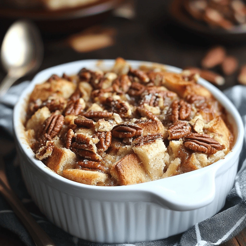 Golden Brown Pecan Pie Bread Pudding Served on a Plate with Caramel Drizzle