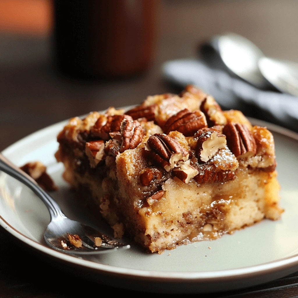Pecan Pie Bread Pudding in a Baking Dish with Pecan Topping