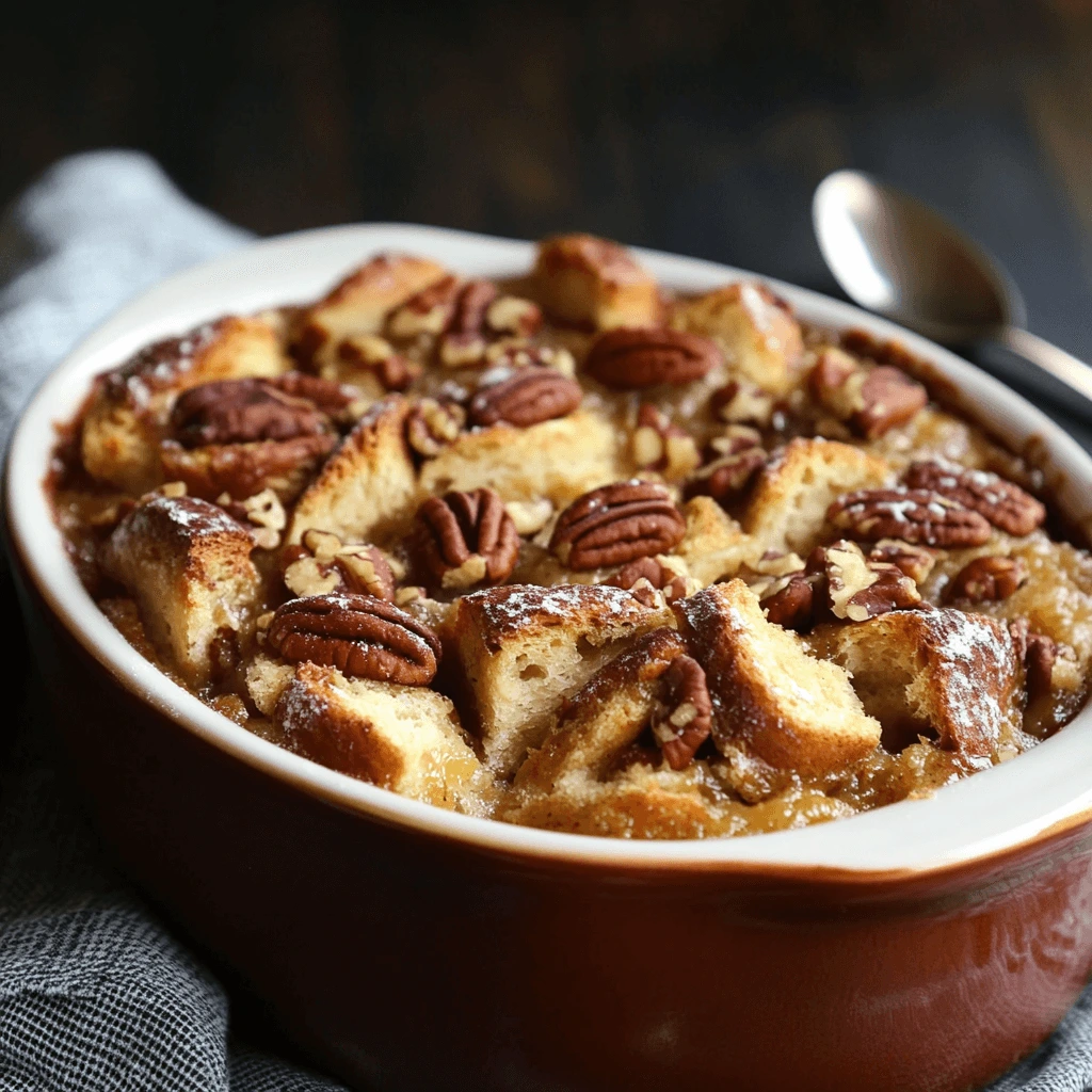 Slice of Pecan Pie Bread Pudding with Whipped Cream on Top
