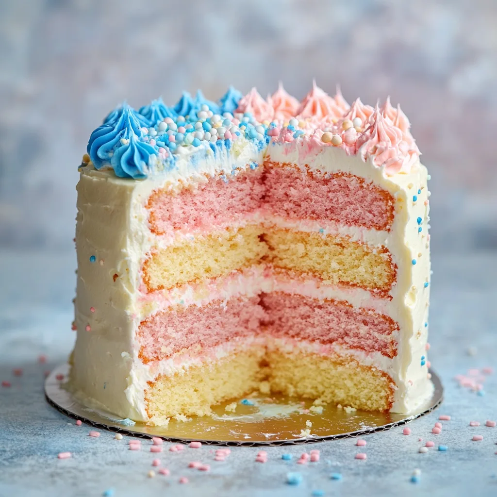 Layered gender reveal cake with pink and yellow sponge and blue and pink frosting.