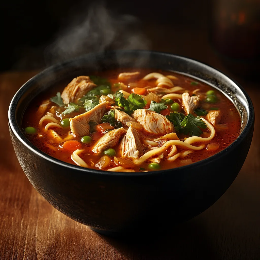 Hot bowl of spicy chicken noodle soup with steam rising