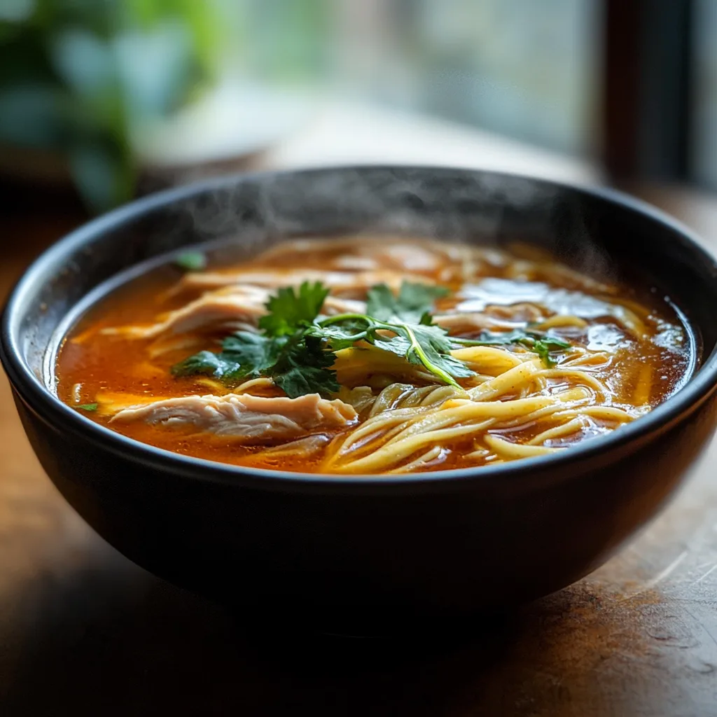 Steaming bowl of spicy chicken noodle soup on a rustic wooden table