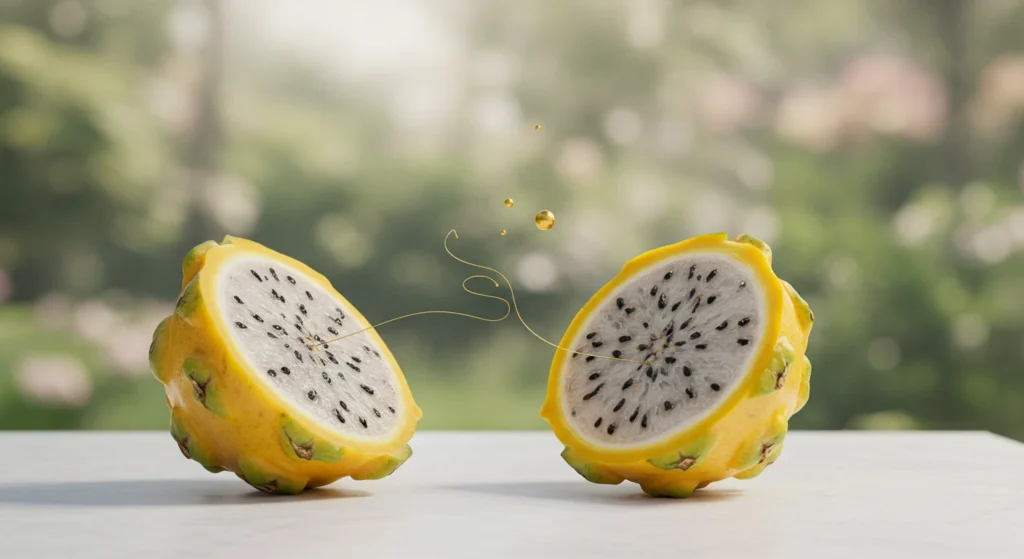 A whole yellow dragon fruit with its vibrant golden exterior, placed next to a sliced piece showing its refreshing white flesh.