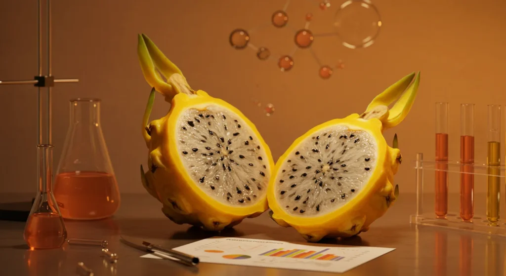 A vibrant yellow dragon fruit placed on a wooden surface, showcasing its vibrant skin and enticing interior.