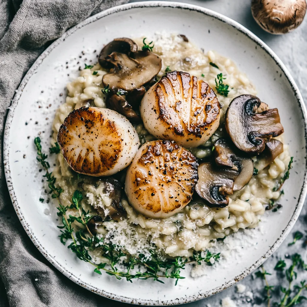 Delicious scallop mushroom risotto with creamy rice, seared scallops, and earthy mushrooms on a white plate.