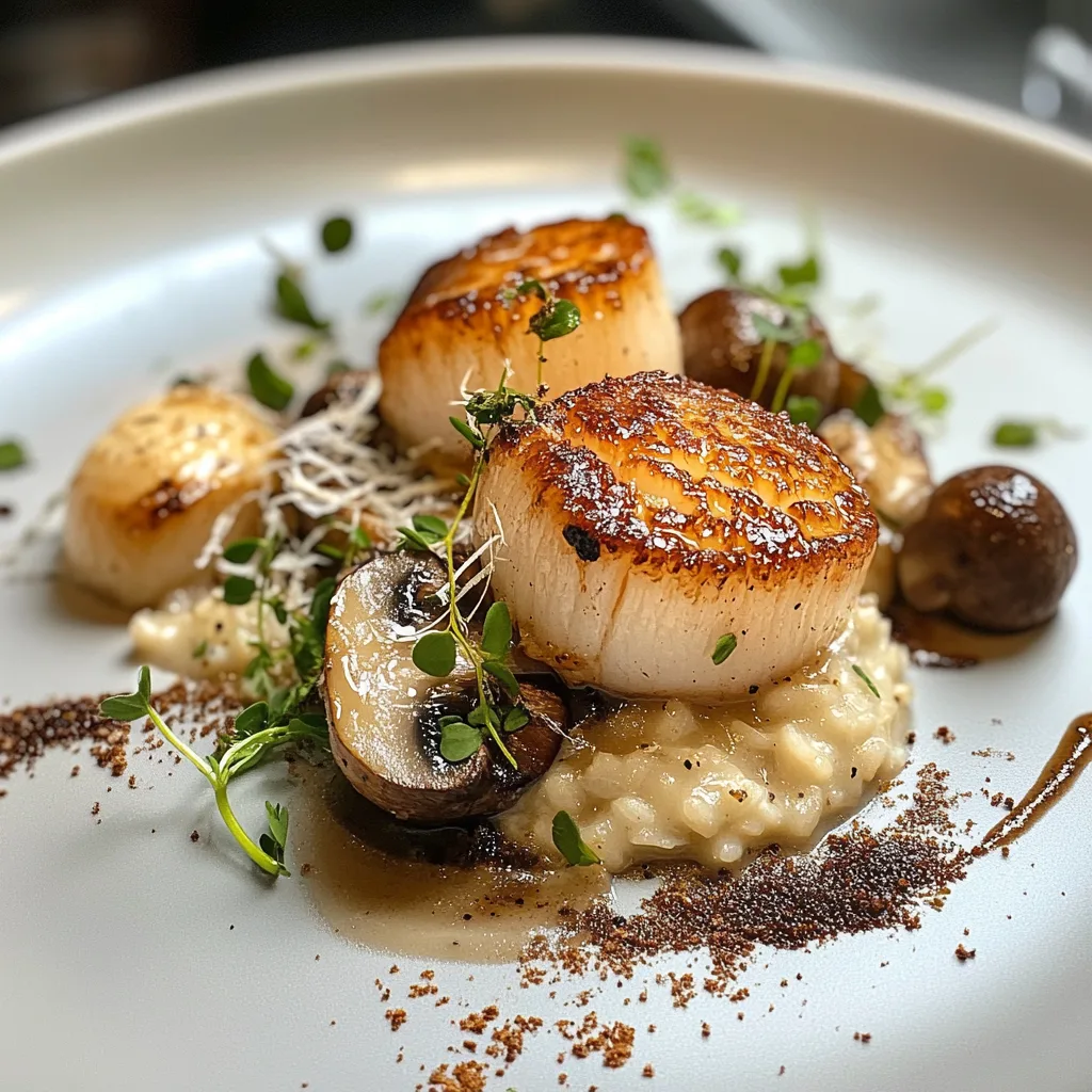 Scallop mushroom risotto topped with perfectly seared scallops, served with creamy rice and sautéed mushrooms.