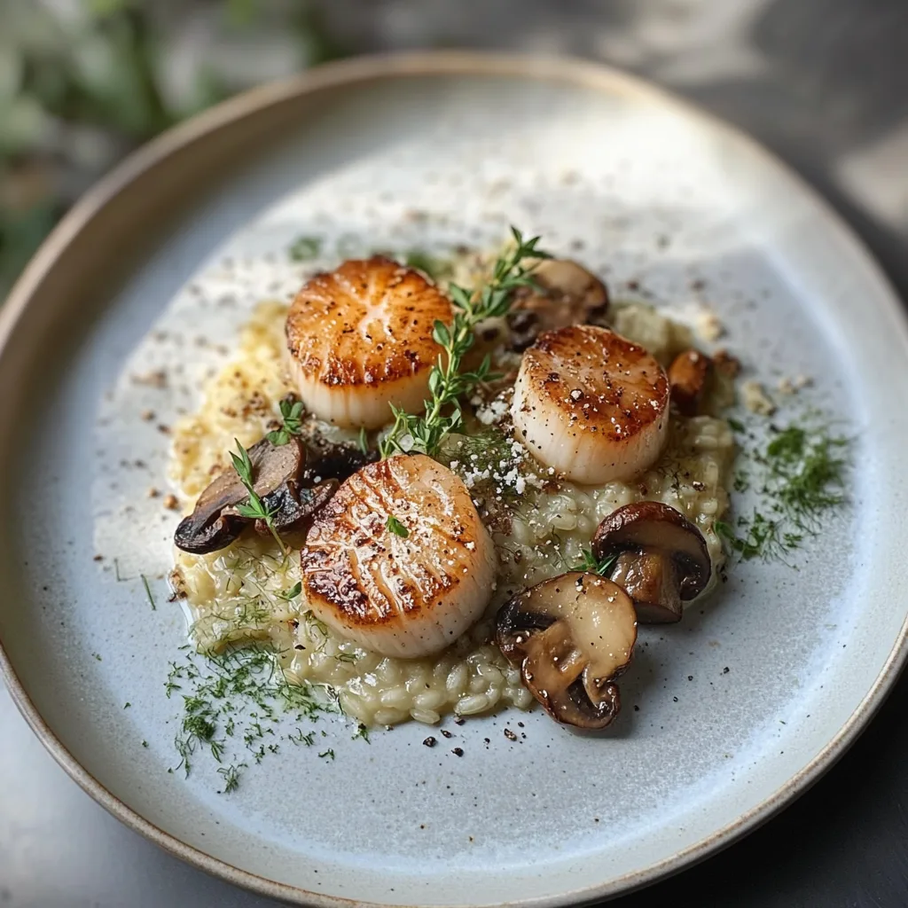 Scallop mushroom risotto plated beautifully with seared scallops, creamy risotto, and sautéed mushrooms.