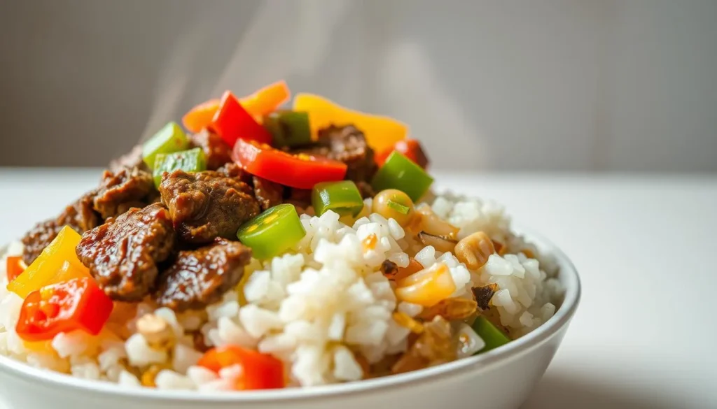 Asian-style beef and bell pepper rice bowl with soy glaze