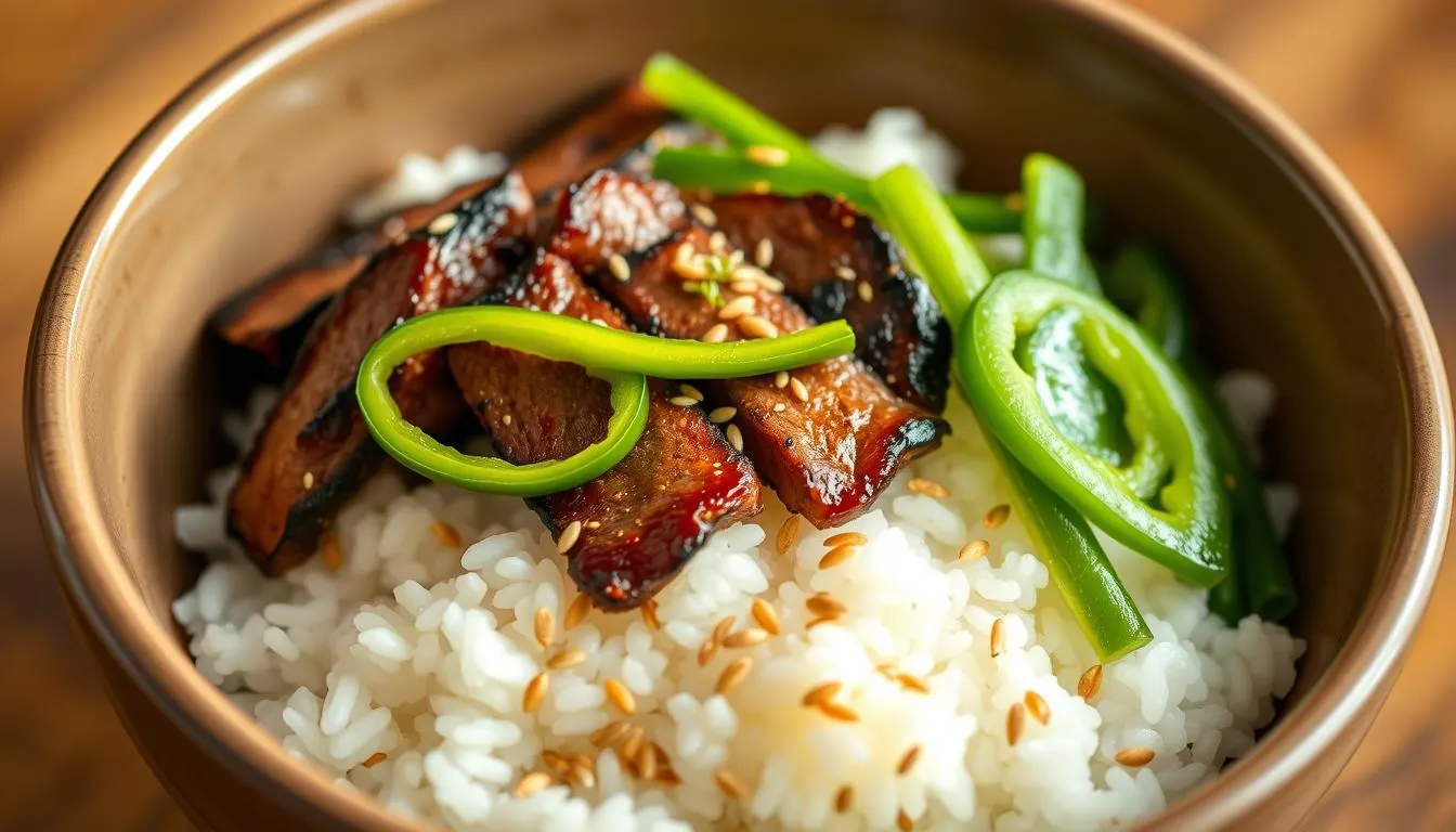 Beef and pepper rice bowl with colorful bell peppers and fluffy white rice