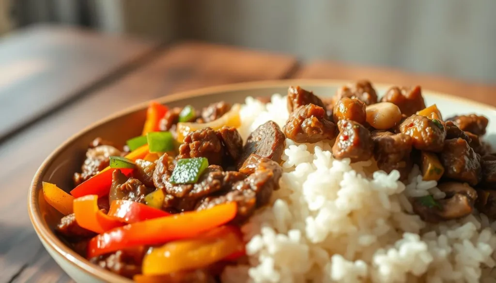 Colorful rice bowl with sautéed beef, red and green peppers