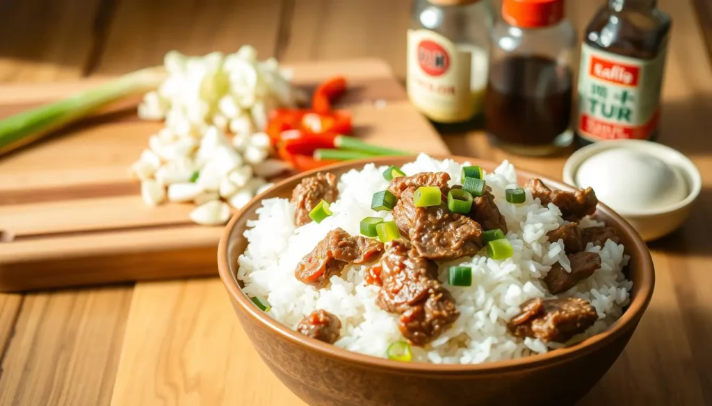 Homemade beef and pepper rice bowl garnished with sesame seeds